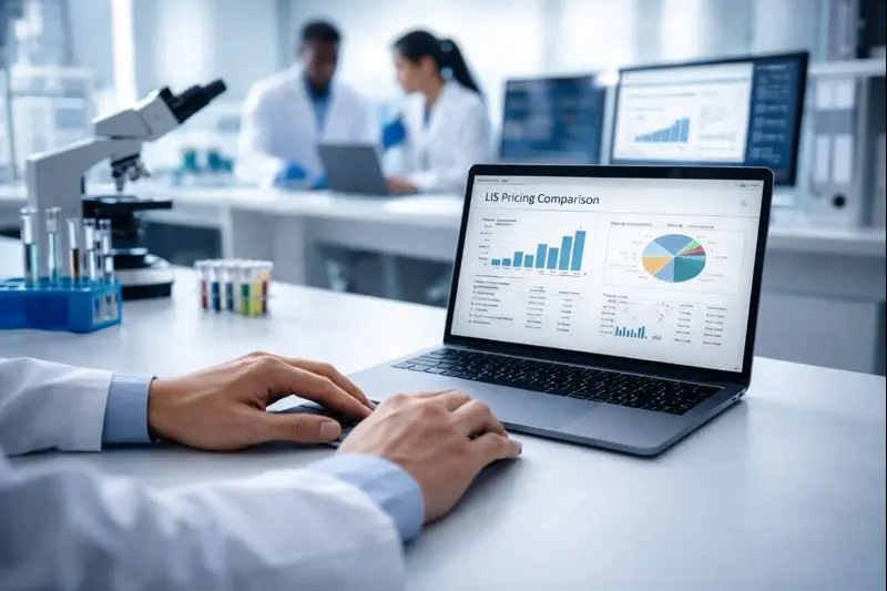 Laboratory professional using a laptop displaying LIS pricing charts, with microscopes and staff working in the background.