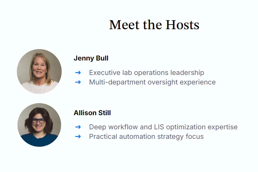 Slide titled “Meet the Hosts” with headshots of Jenny Bull and Allison Still, highlighting their lab operations, LIS optimization, and automation expertise.