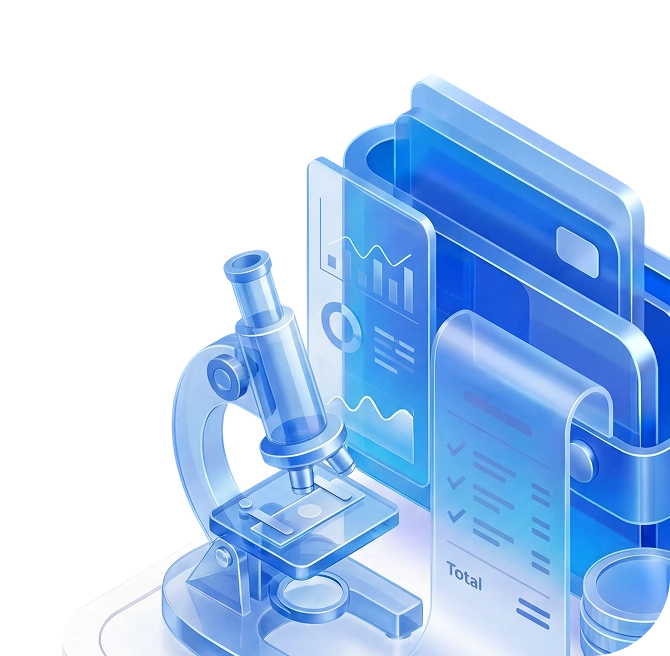 3D illustration of a blue microscope next to digital data charts and documents.