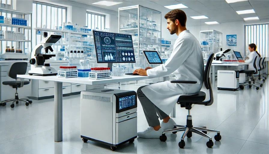 A man in a lab coat sits at a desk, working on a computer in a well-lit office environment.