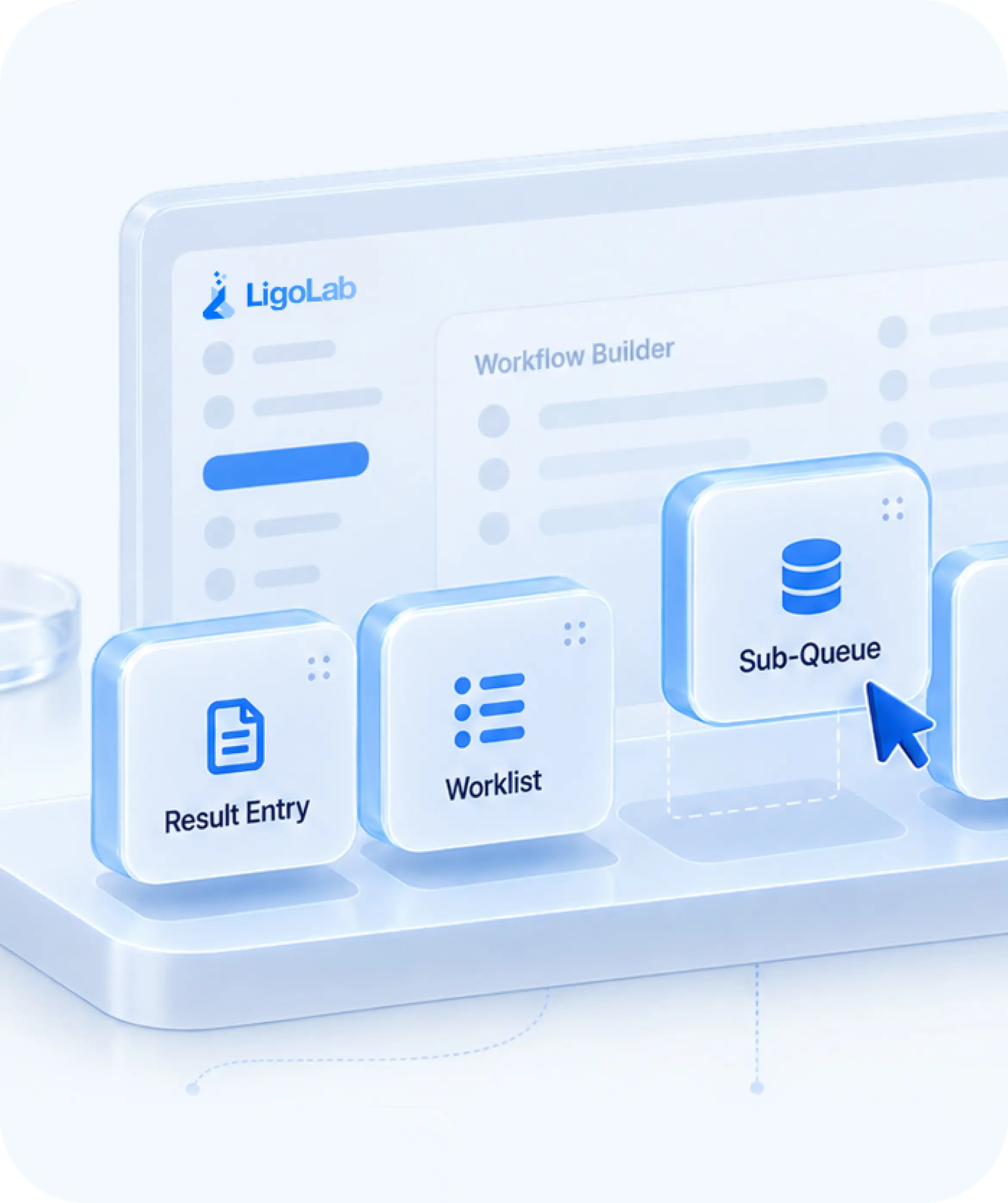 A clean, blue-toned LigaLab workflow dashboard shows Result Entry, Worklist, and Sub-Queue tiles beneath a workflow builder, with a cursor selecting Sub-Queue.
