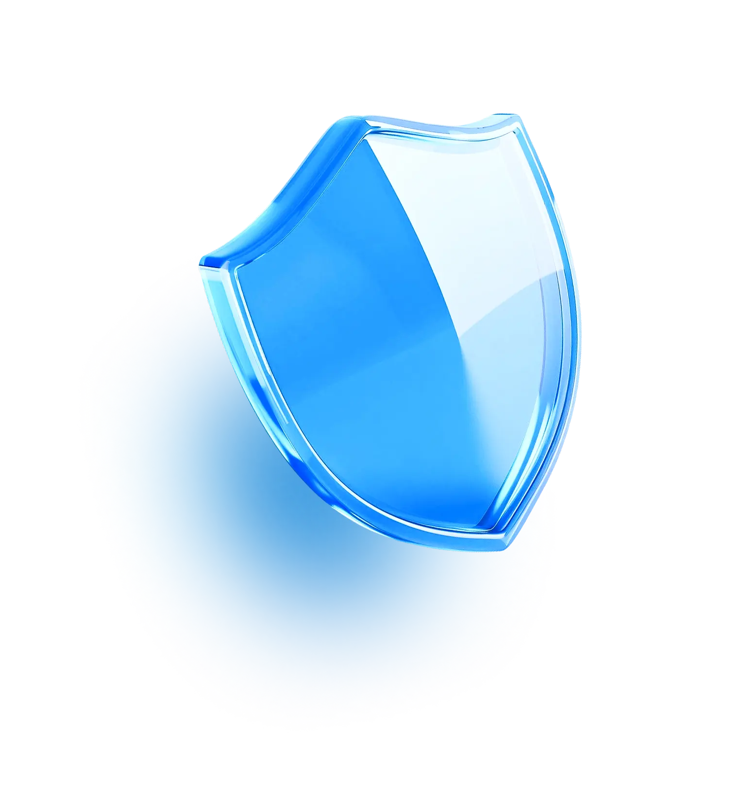 A glossy blue shield with bright highlights glows against a black background, symbolizing digital security, protection, and confidence.