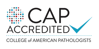 The College of American Pathologists’ CAP Accredited logo on a black background, with a dotted emblem and bright blue checkmark conveying certification and trust.