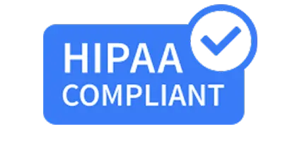 Blue “HIPAA Compliant” badge with a check mark in a circle on a black background, conveying healthcare privacy, security, and trust.
