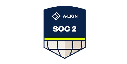 A dark blue A-LIGN SOC 2 shield logo with a white geometric mark, bold lettering, lime-green stripe, and pale segmented globe, conveying security and trust.