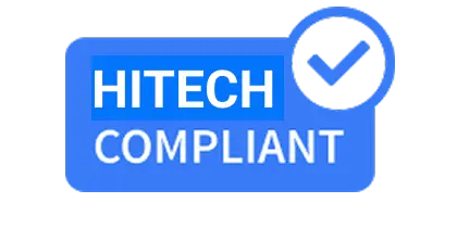 Blue “HITECH COMPLIANT” badge with a checkmark in a circle on a black background, conveying verification, trust, and regulatory compliance.