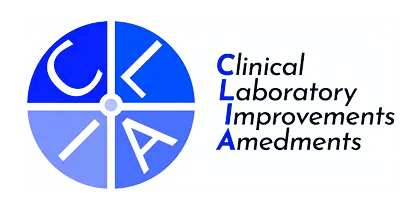 Blue circular logo with a segmented emblem and the initials “CLIA,” beside the words “Clinical Laboratory Improvements Amendments,” on a black background.