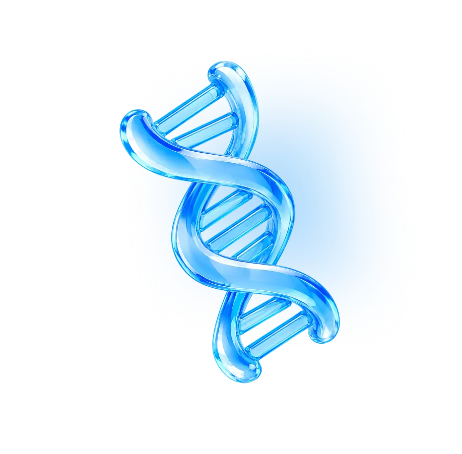 A glossy, translucent blue DNA double helix twists against a black background with a soft blue glow, giving the scientific symbol a sleek, futuristic feel.
