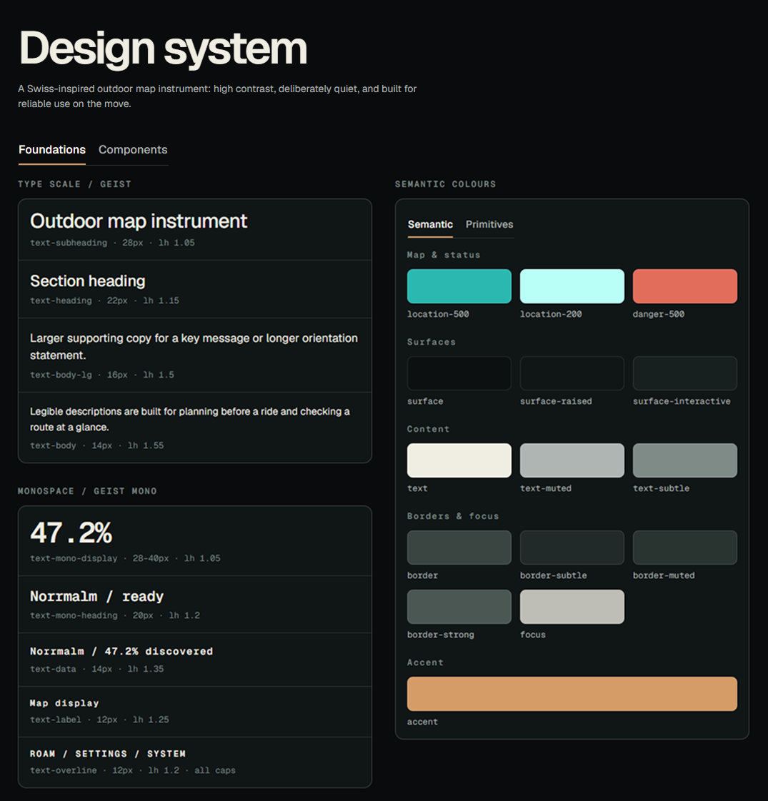 Design system interface displaying typography styles and semantic color palette for an outdoor map instrument. Left side shows text type scale in two categories: Foundations with headings, body text, and subheadings in various sizes and line heights; Monospace with display percentages and map-related labels in monospace font. Right side presents semantic colors including map status colors in turquoise and coral, surface colors in dark shades, content text colors in off-white and grays, border colors in various muted shades, and an orange accent color.