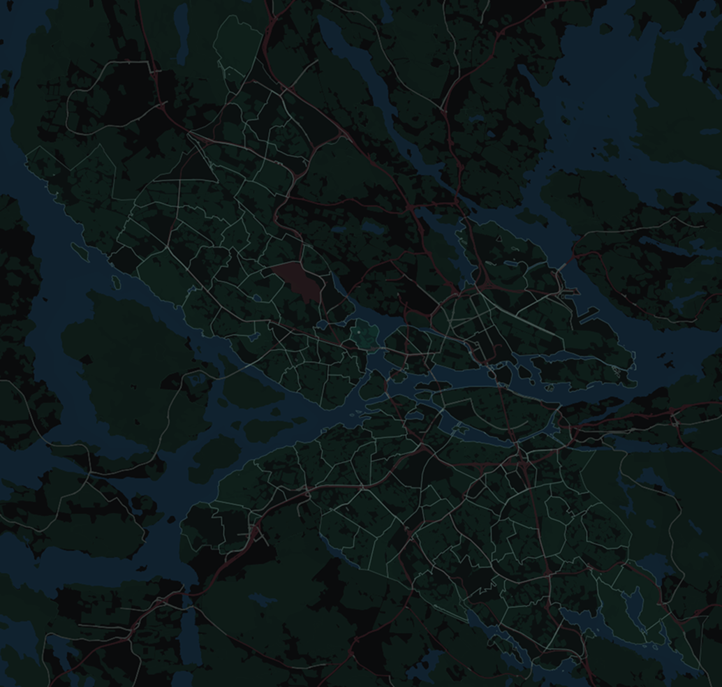 Dark-themed map showing a network of roads and water bodies across an urban and rural area with multiple islands and peninsulas.