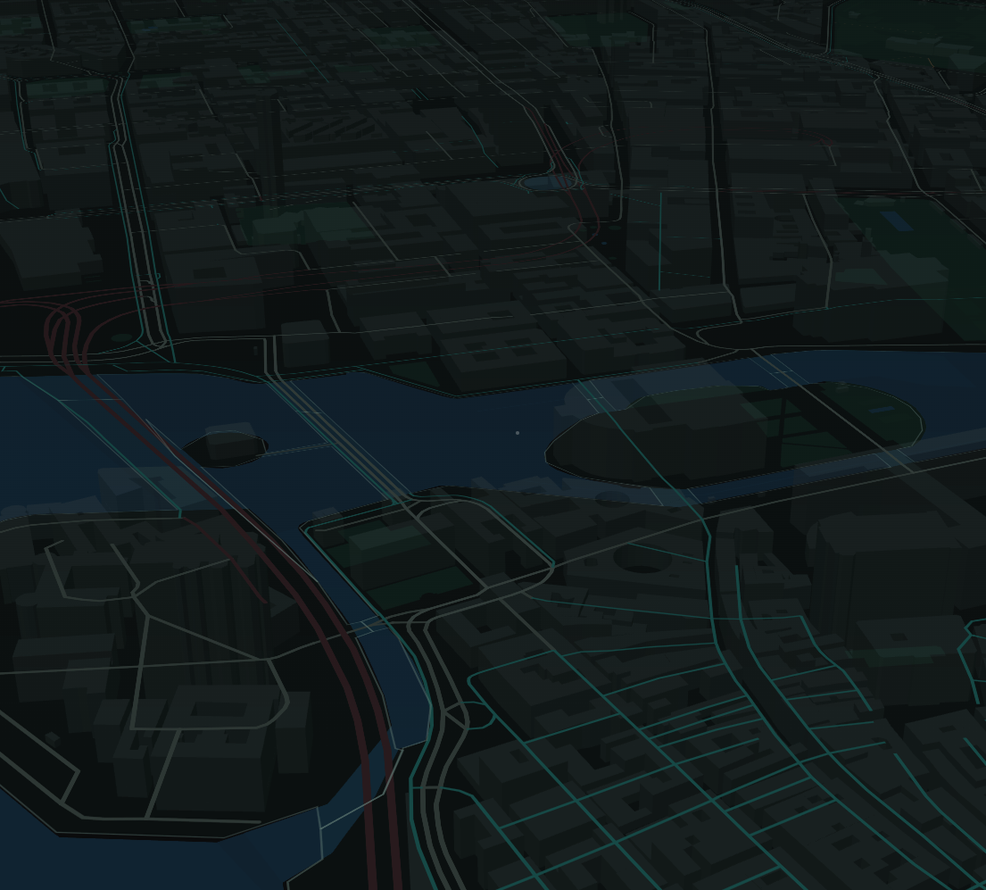 3D digital map of a cityscape at night showing streets, buildings, waterways, and some bridges with neon-like outlines highlighting roads and infrastructure.