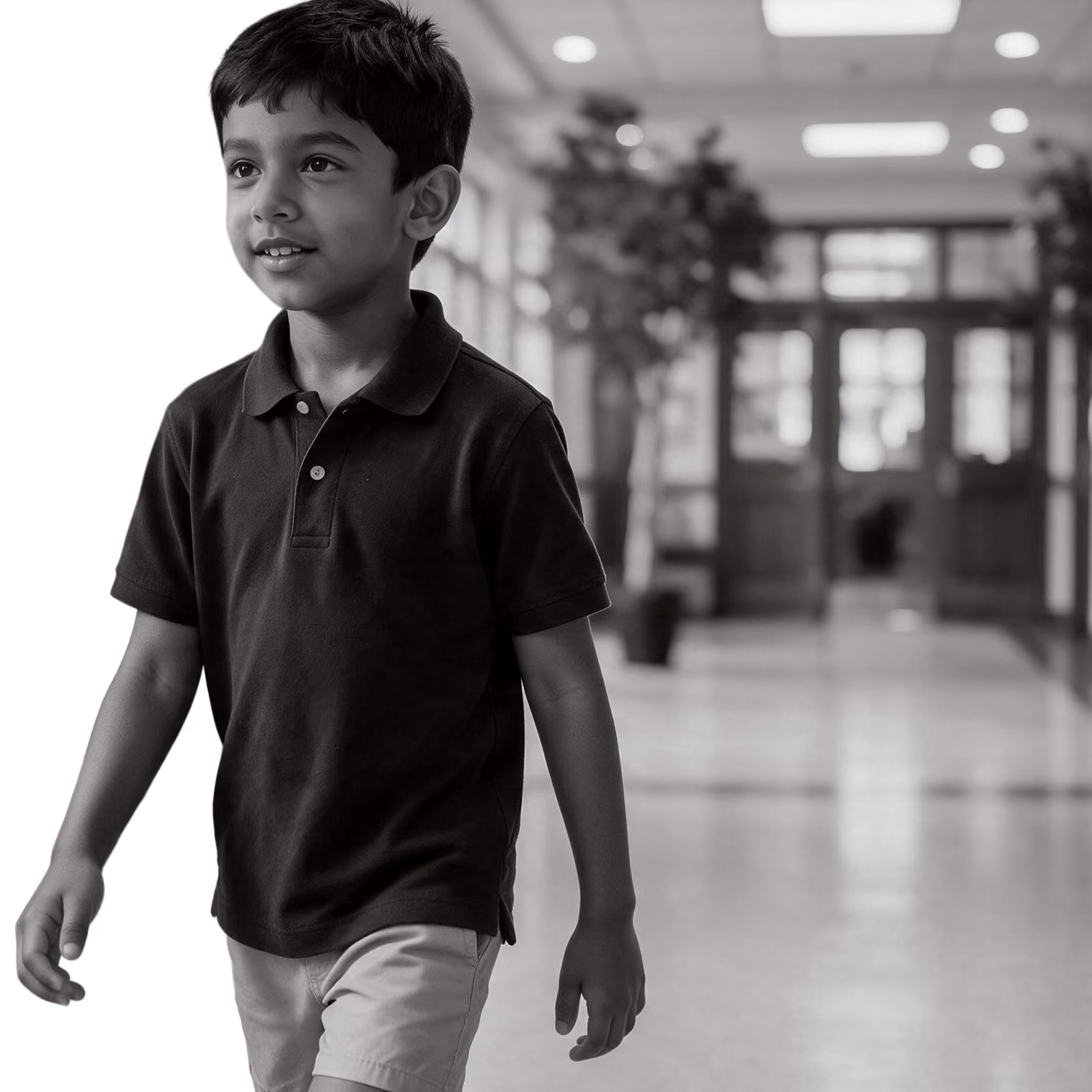 lower school student walking down hallway