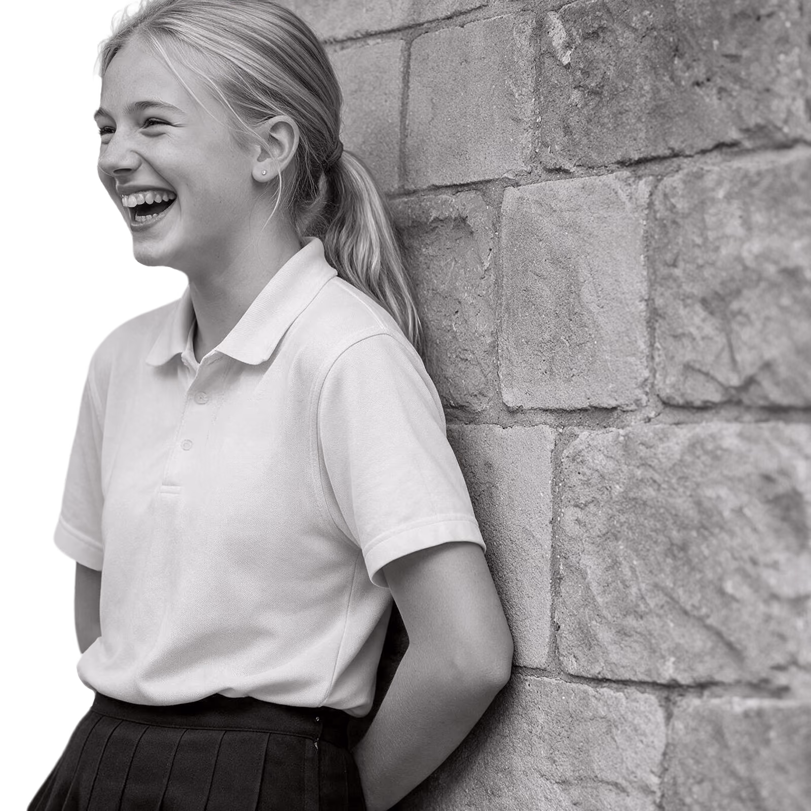 middle school student leaning against a campus stone wall