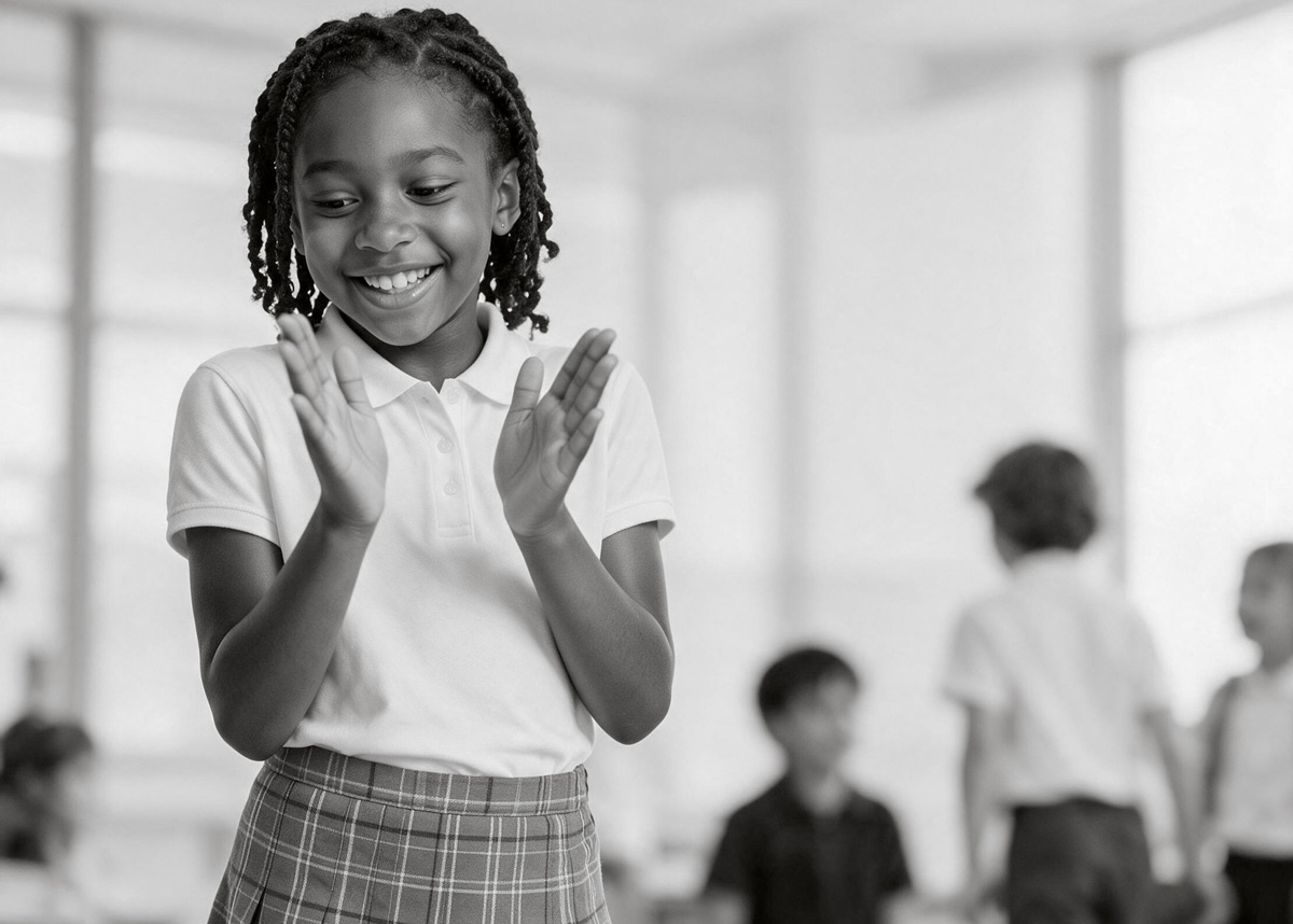 lower school student excited in class