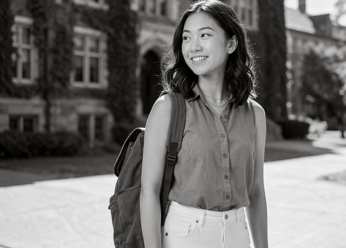 student looking over her shoulder smiling