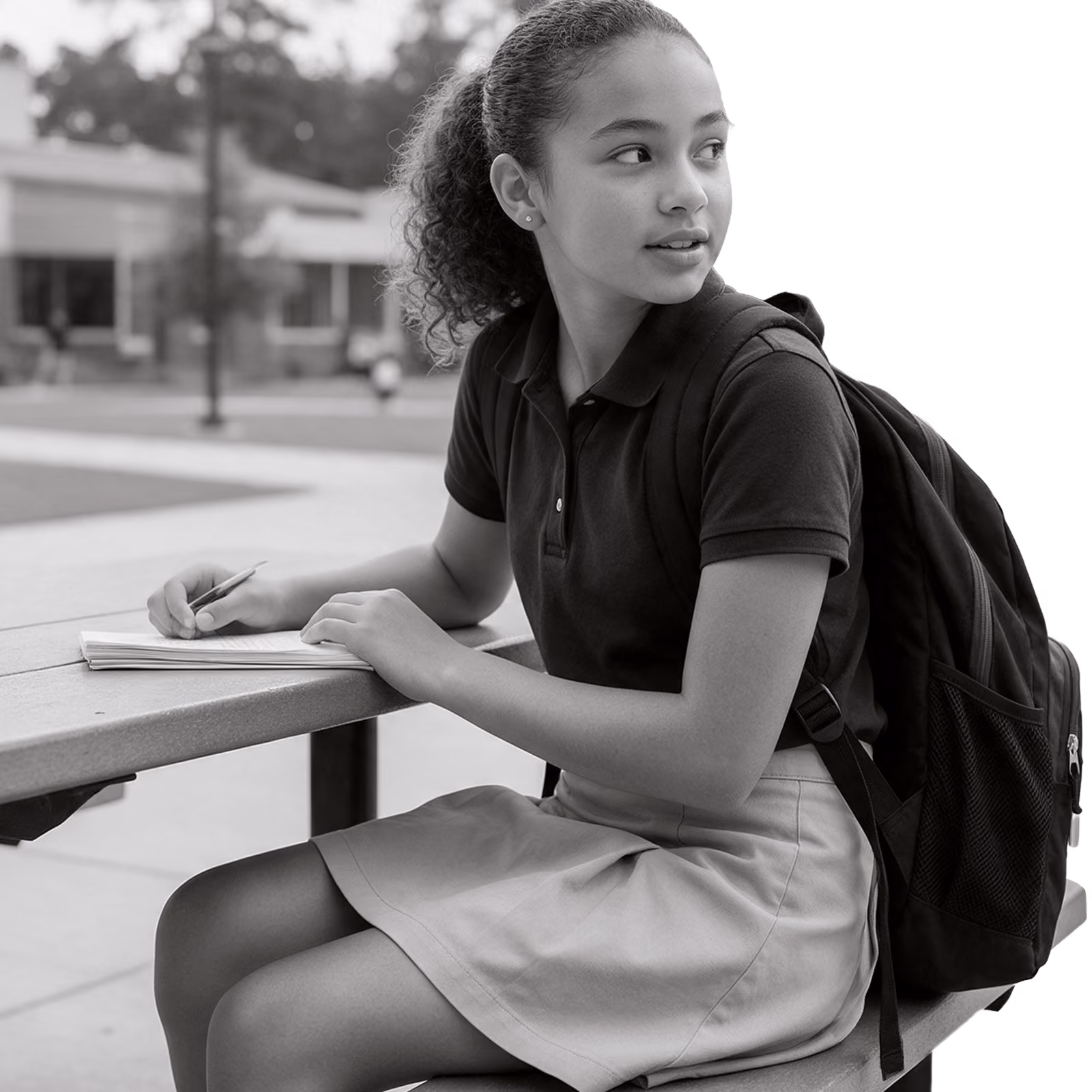 middle school student sitting a table in campus courtyard