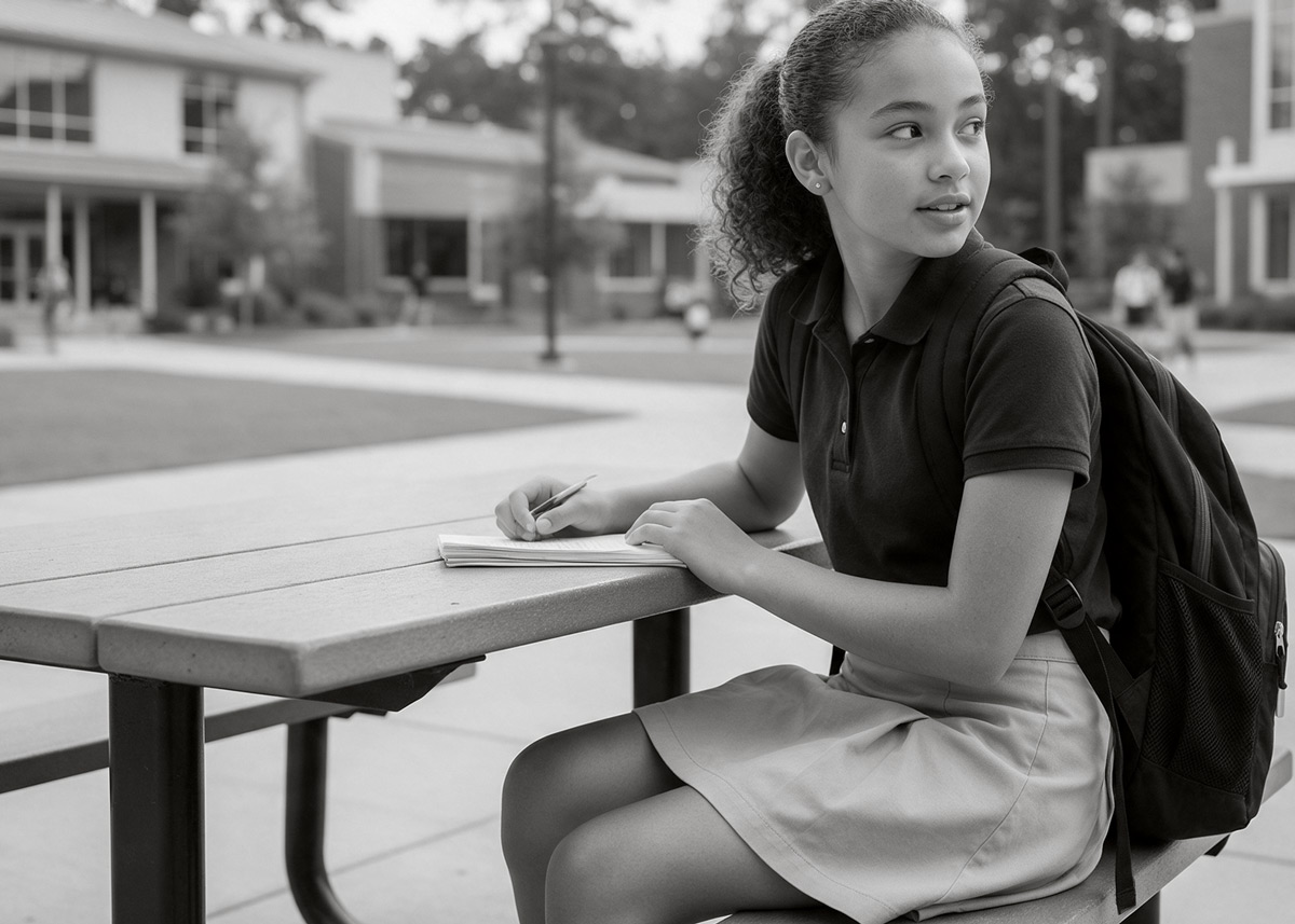 middle school student sitting a table in campus courtyard