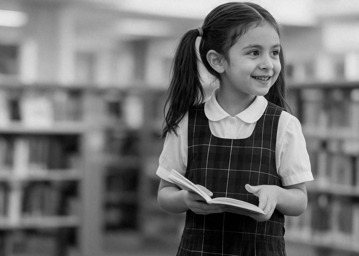 lower school girl in uniform holding a book in the library