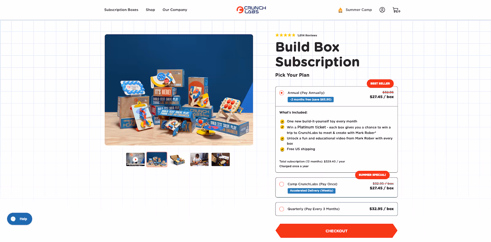 CrunchLabs Build Box subscription page showing toy kits and plan options.