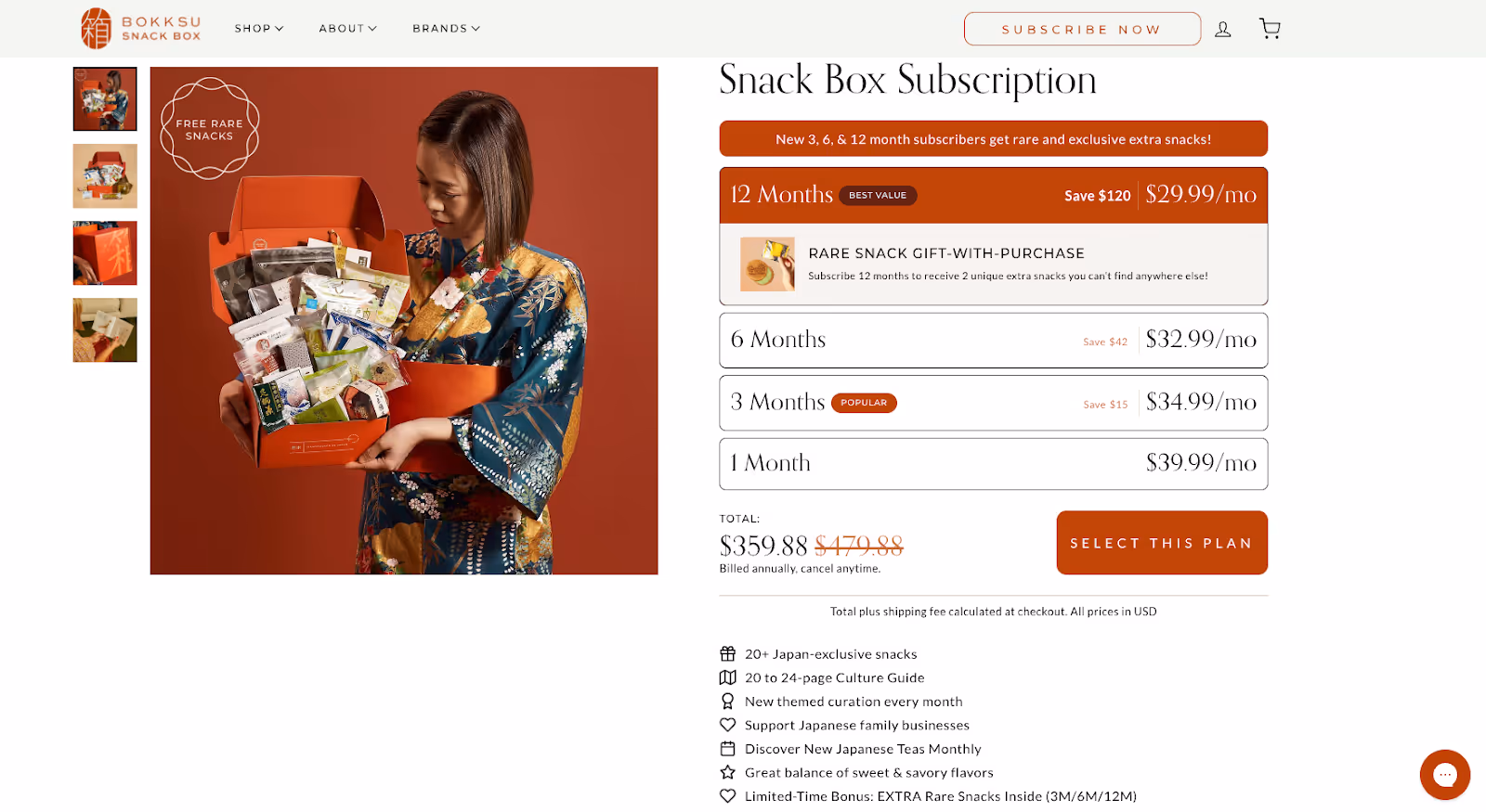 Bokksu Snack Box subscription page showing pricing plans and a woman holding an open snack box.