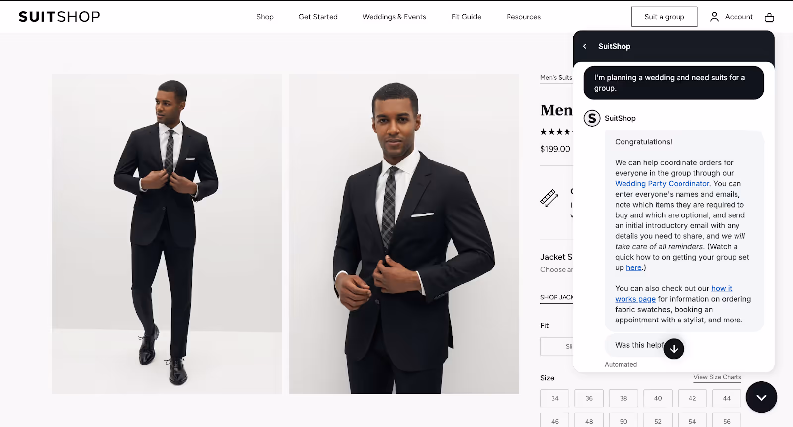 SuitShop customers can talk to AI Agent across the website including product pages.