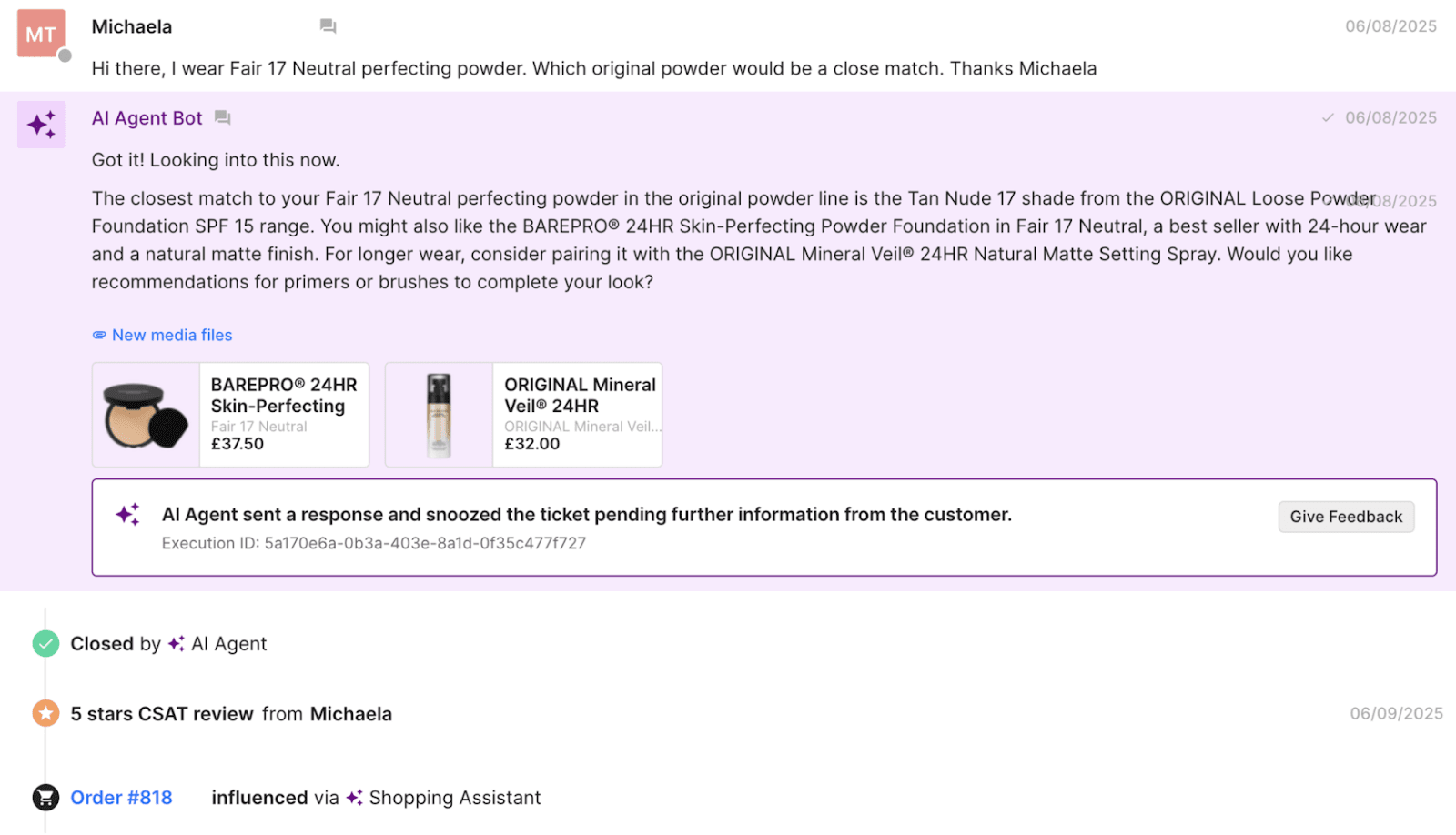 A conversation where Shopping Assistant recommends the best shade of the new BAREPRO Skin Perfecting Powder formulation based on their previous shade.