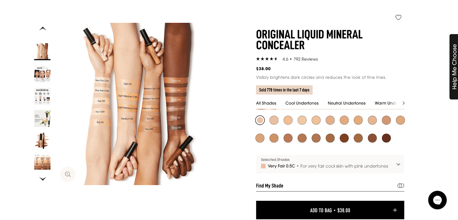 bareMinerals Original Liquid Mineral Concealer page showing arms with labeled swatches showing a range of shades for different skin tones.