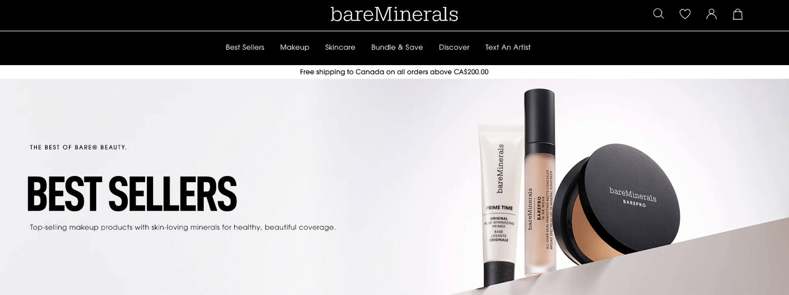 Display of bareMinerals' home page showing its best-selling makeup products, including primer, concealer, and powder foundation.
