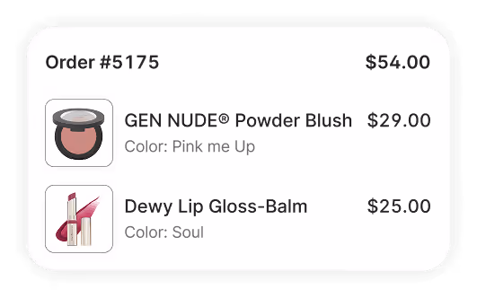 Order confirmation showing a powder blush and lip gloss.