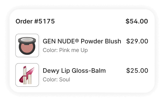 Order confirmation showing a powder blush and lip gloss.