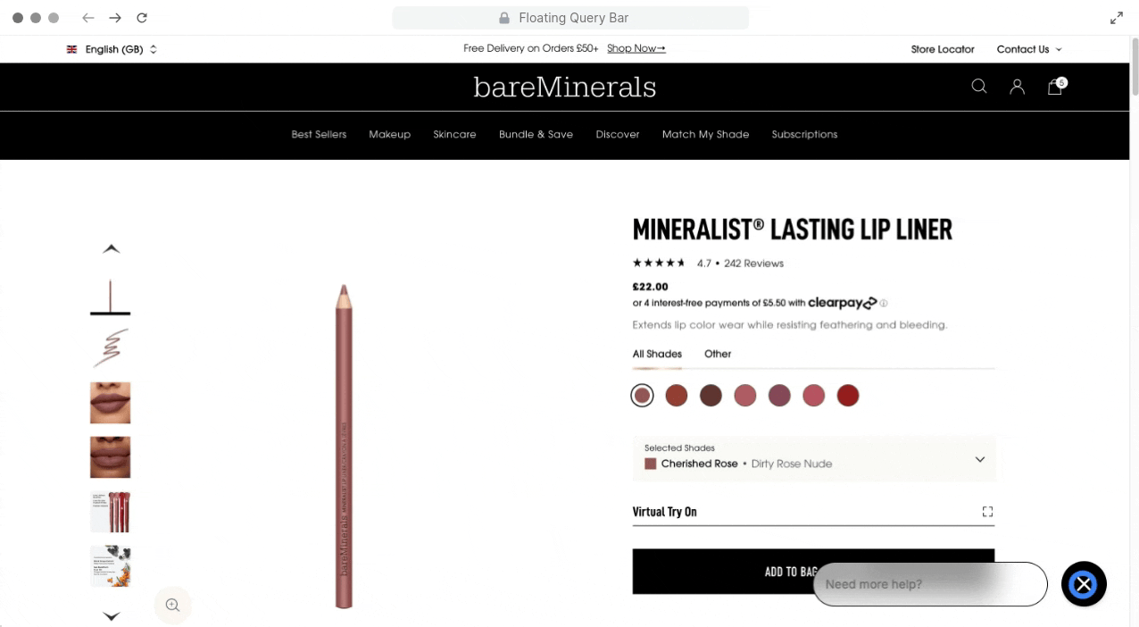 bareMinerals Mineralist Lasting Lip Liner page, showing a floating query bar that says, "Need more help?"