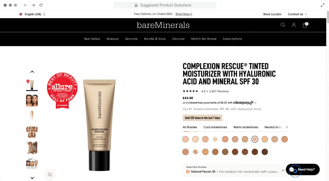 bareMinerals Complexion Rescue Tinted Moisturizer with SPF 30 page, with three AI-generated Suggested Product Questions.