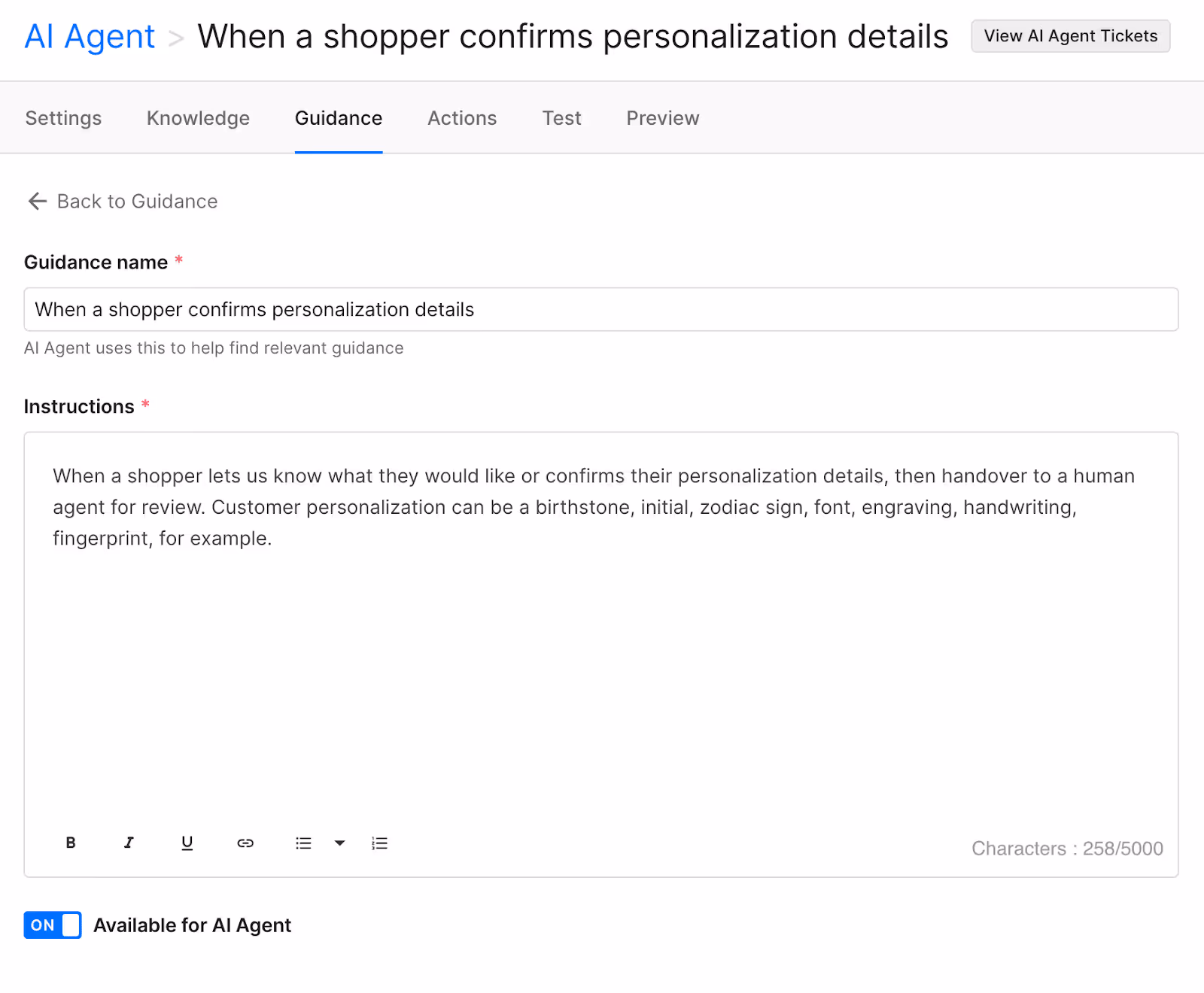 A settings page for an AI Agent Guidance document, displaying instructions on handling shopper personalization requests, such as birthstones, initials, and engravings.