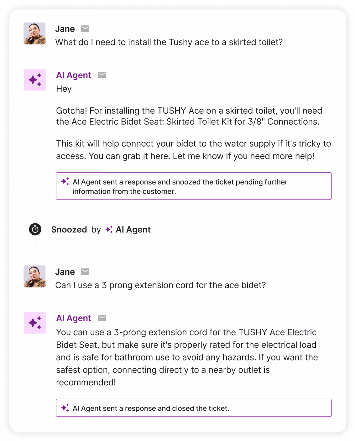 A customer conversation with Shopping Assistant asking how to install a bidet on a skirted toilet. The AI Agent provides clear installation instructions and links to any additional hardware needed.