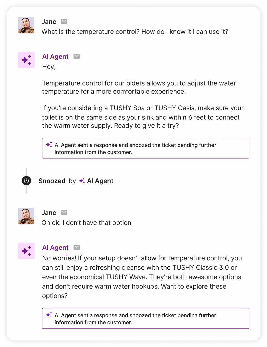 A customer conversation with Shopping Assistant asking how to install a bidet on a skirted toilet. The AI Agent provides clear installation instructions and links to any additional hardware needed.