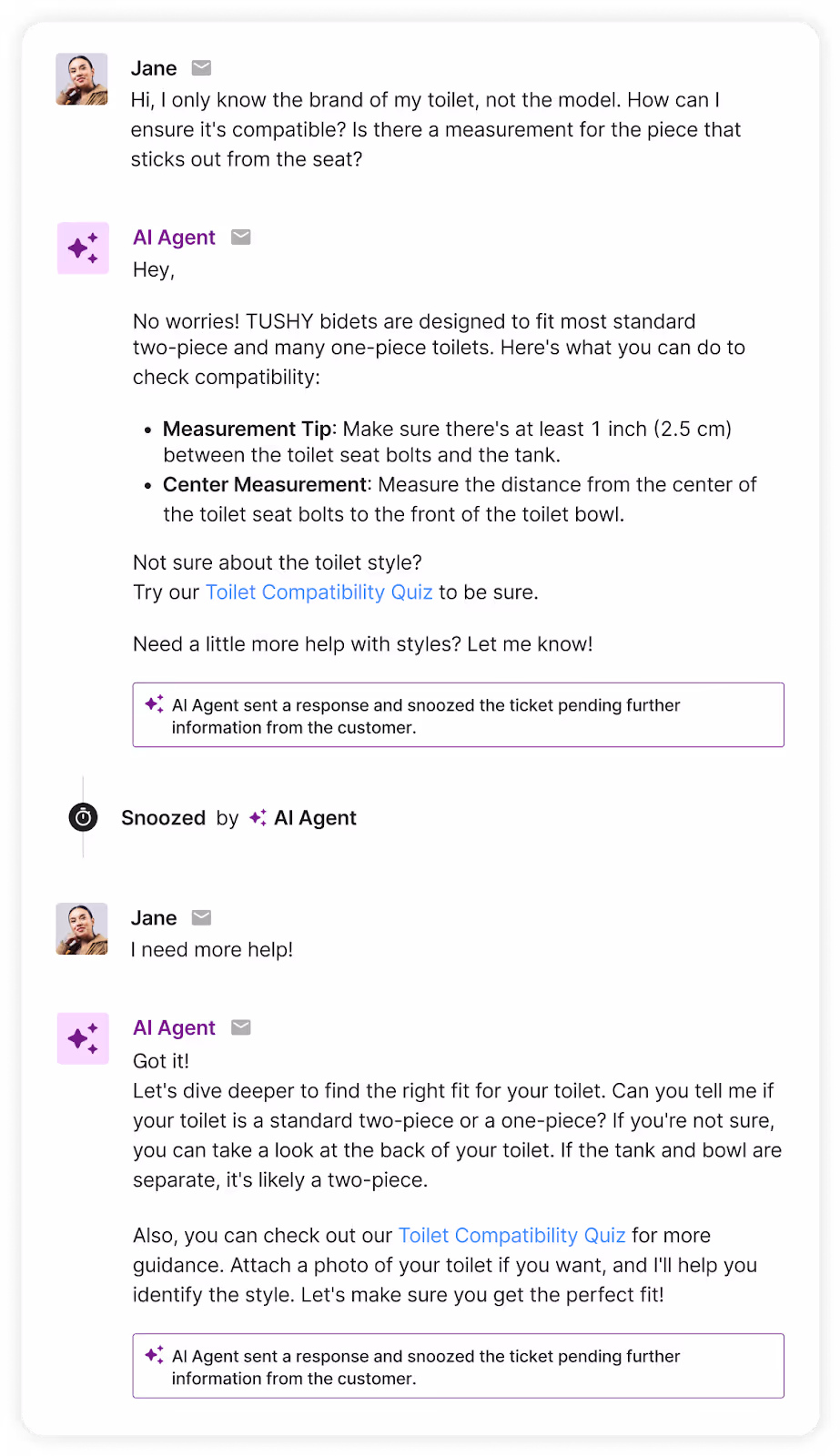 A screenshot of a customer conversation with Shopping Assistant. The customer wants to know if the bidet is compatible with their toilet and AI Agent provides measurement tips.