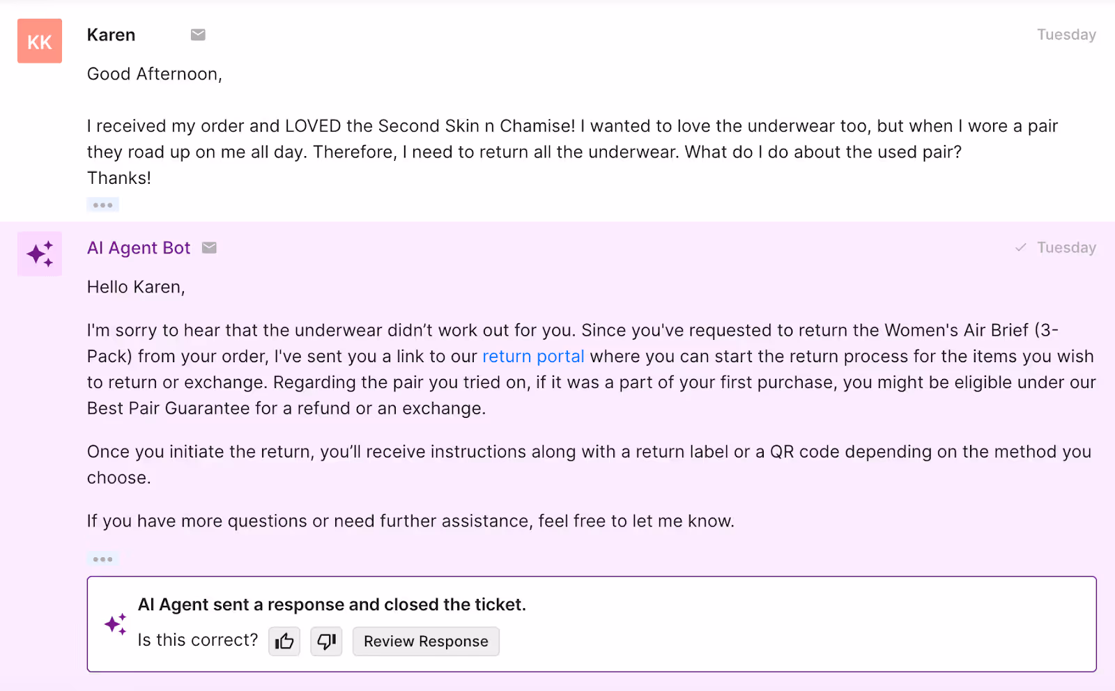 Support ticket with a customer asking how to return worn and unworn underwear, and AI Agent offering return portal instructions and details on eligibility for the worn item.