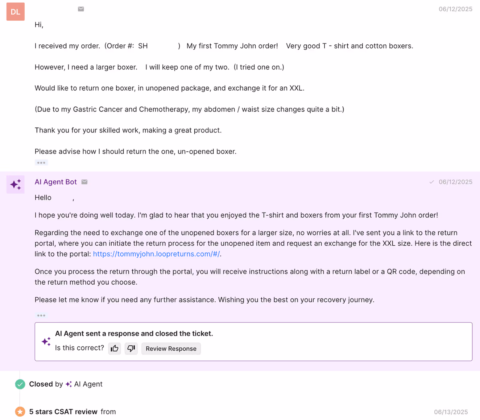 Support ticket where a customer requests to exchange underwear for a larger size due to medical treatment, and the AI Agent provides return instructions and a portal link.