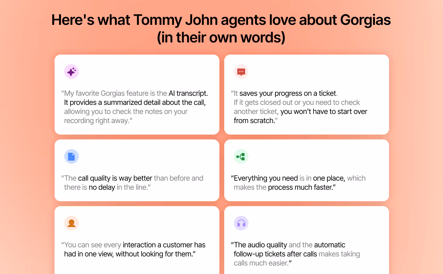 Collection of customer support agent testimonials highlighting favorite Gorgias features like AI transcript summaries, saved progress, better call quality, and streamlined workflows.