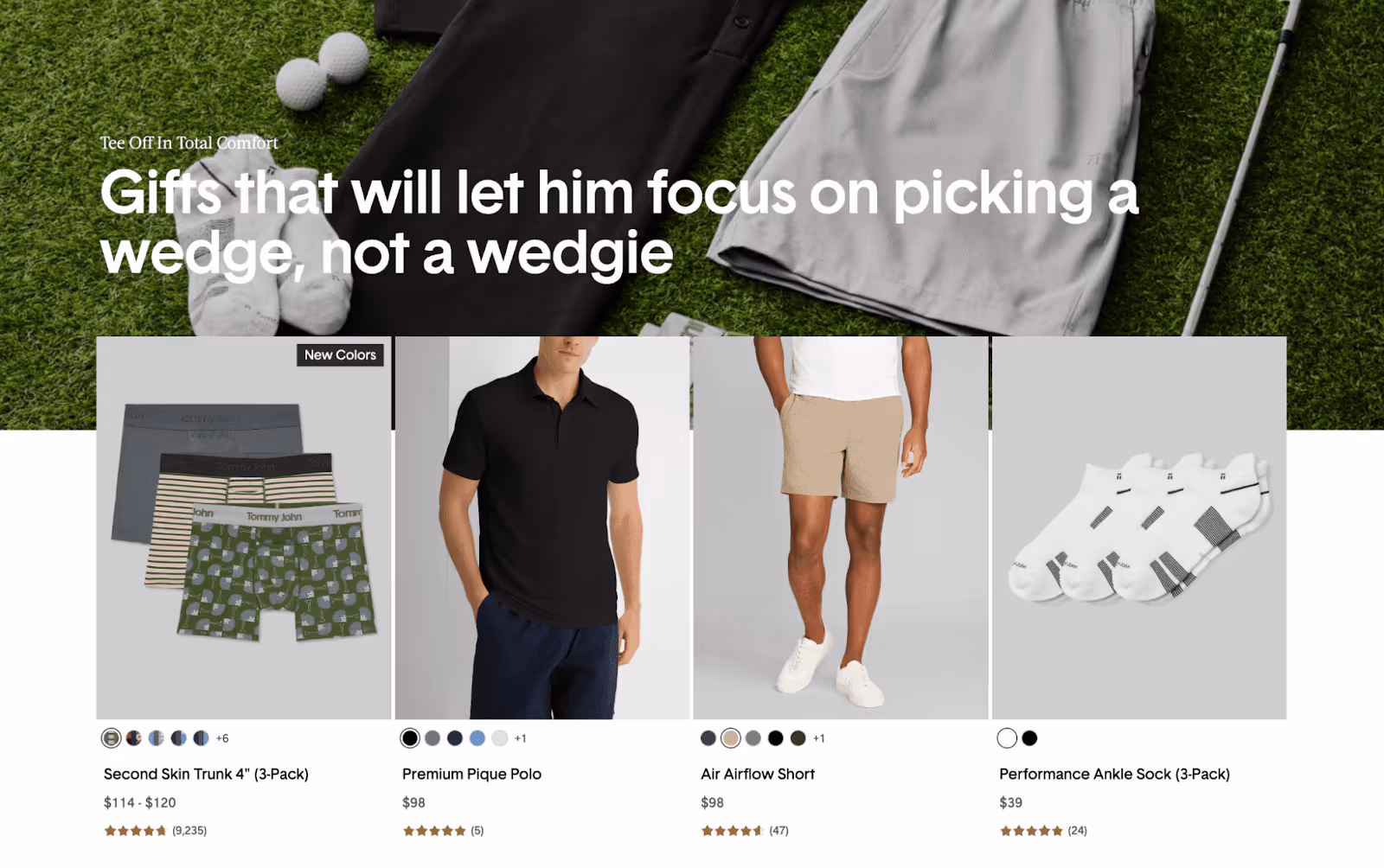Website banner from Tommy John featuring men’s apparel including underwear, polo shirts, shorts, and socks, with text promoting gift ideas for comfort while golfing.