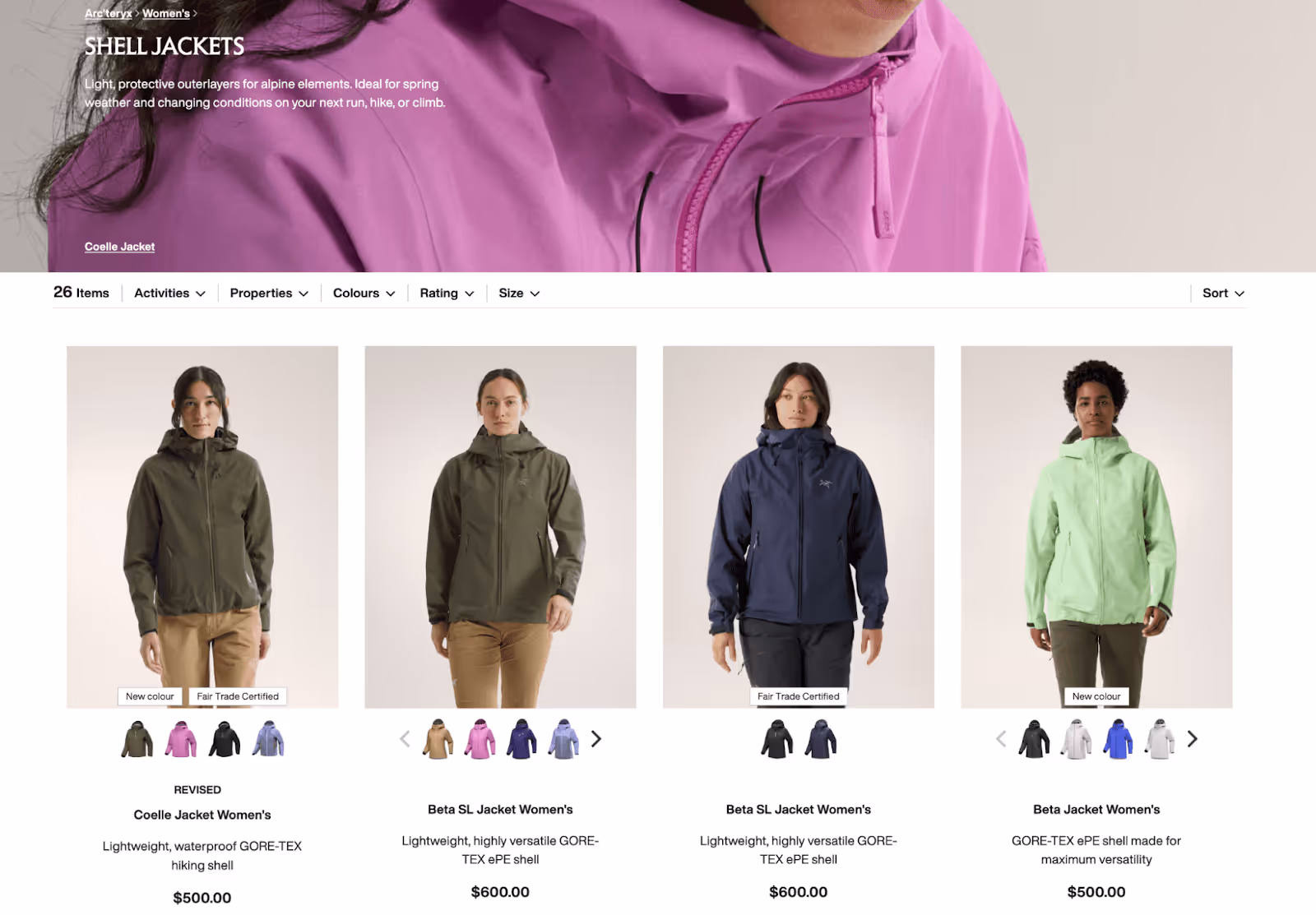 Four women modeling different styles of Arc'teryx women's shell jackets, displayed in a grid with pricing and product details.