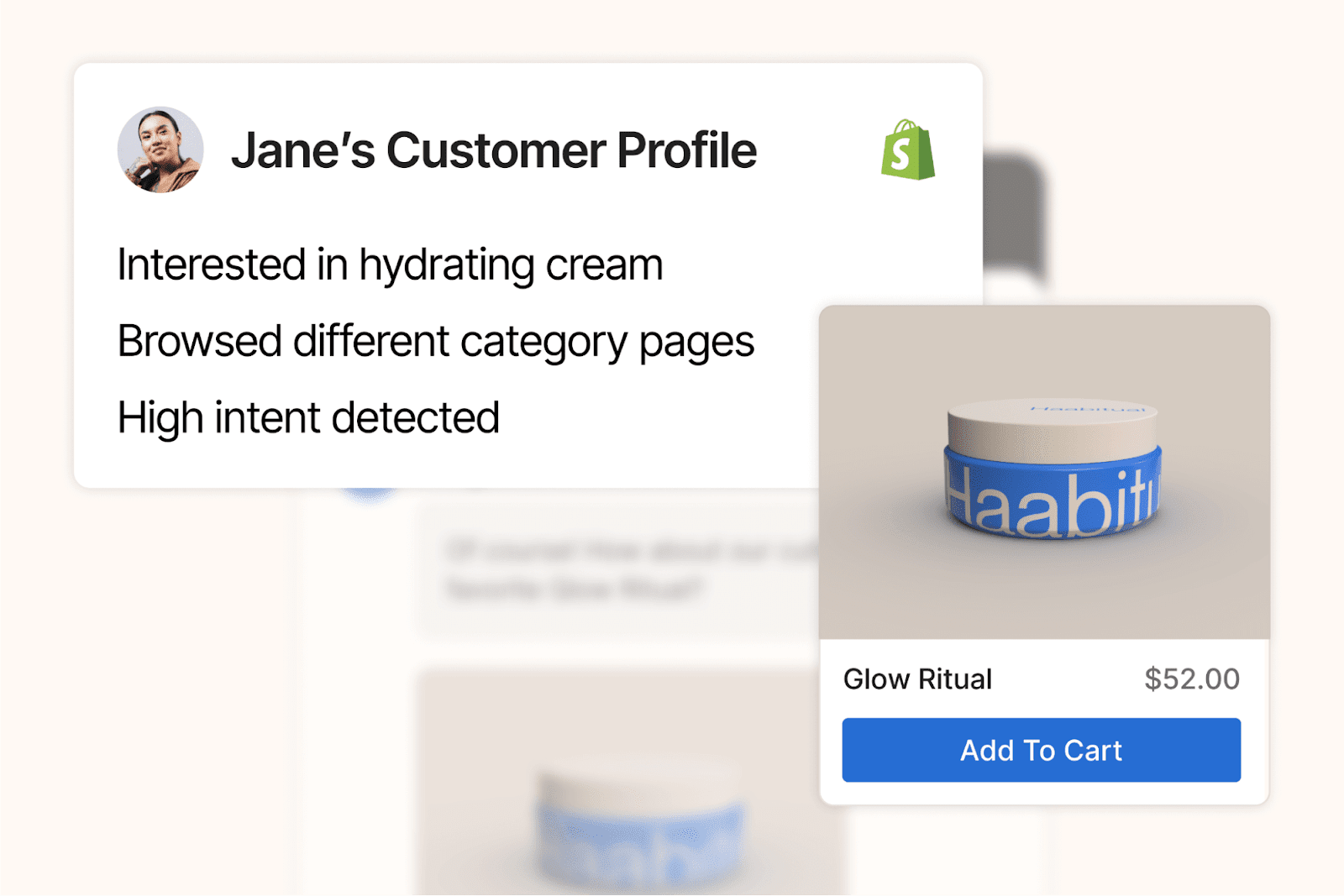 Customer profile for Jane showing high purchase intent and interest in hydrating cream, alongside a product suggestion for Glow Ritual cream priced at $52 with an 'Add to Cart' button.