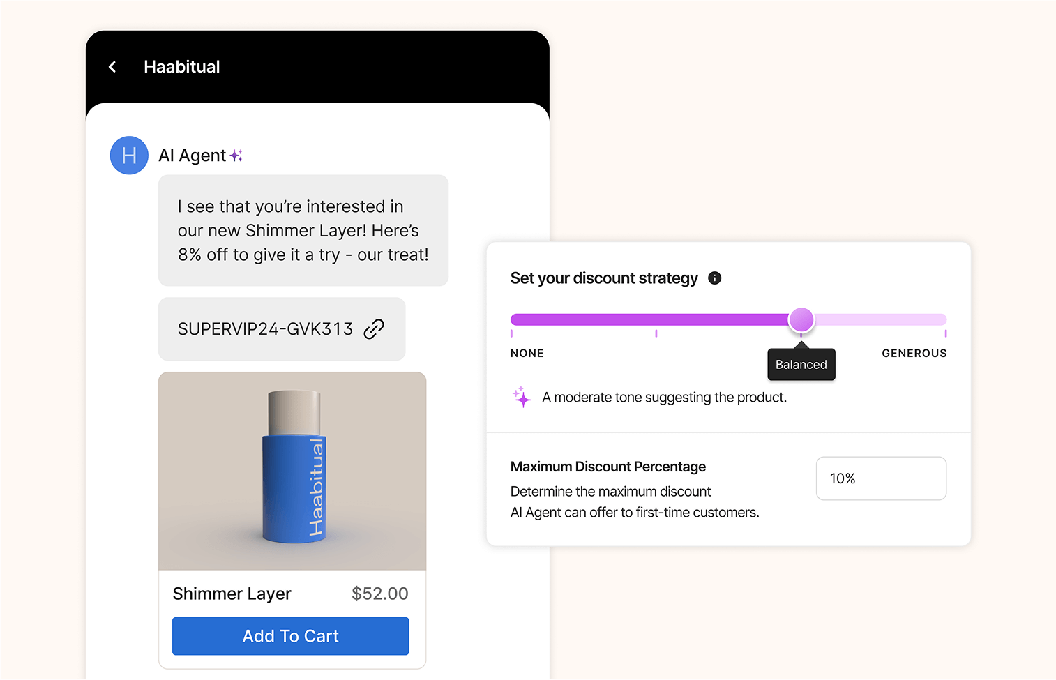 Shopping Assistant offers 8% discount on Shimmer Layer skincare product with promo code, product card, and a discount strategy slider set to 'Balanced'.