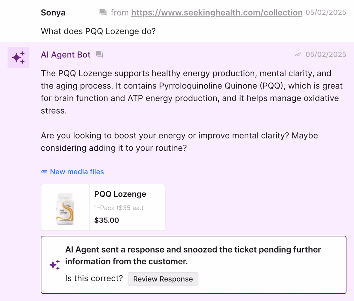Shopping Assistant answers a customer query about PQQ Lozenge, highlighting energy, brain function, and aging benefits, with a product card and price.