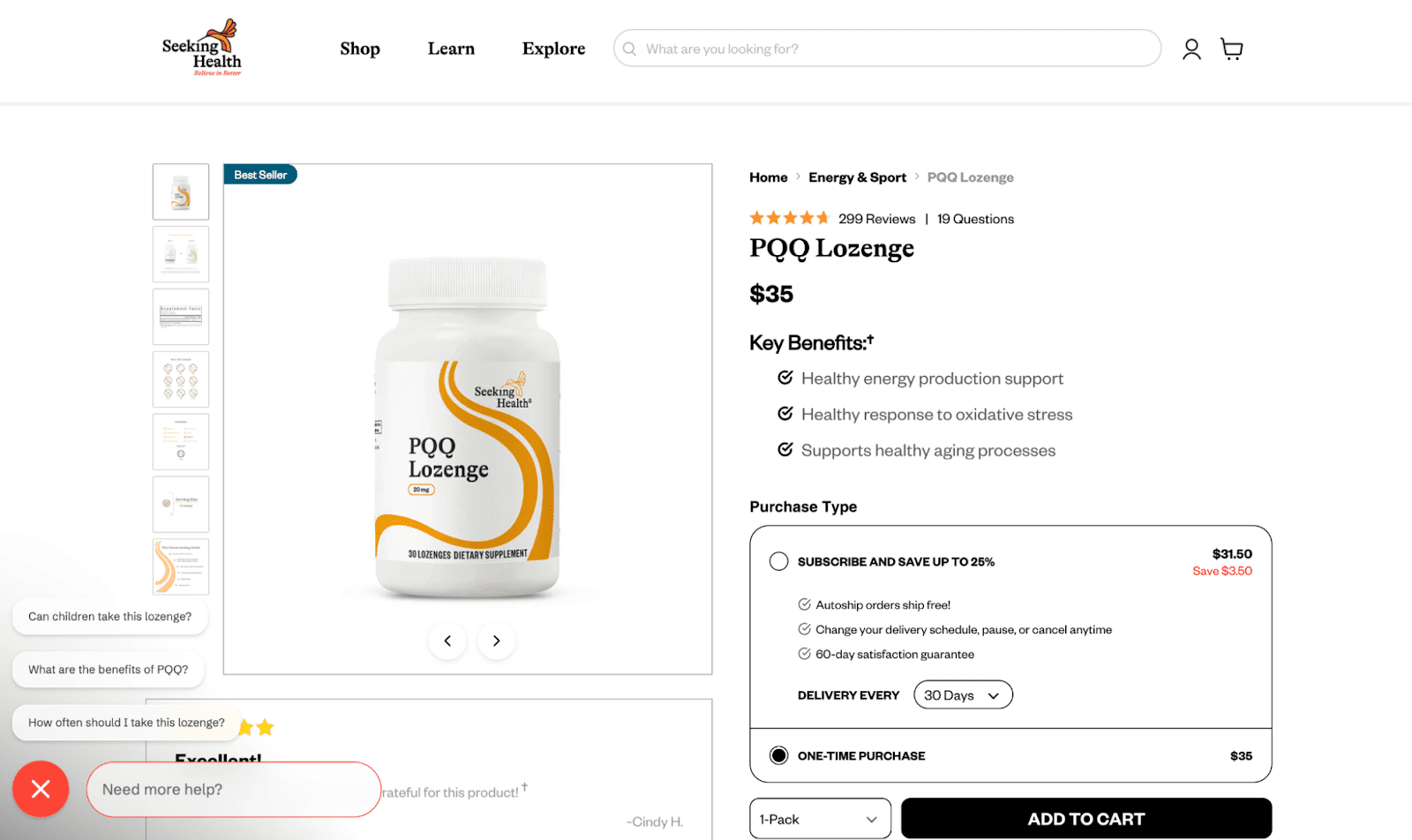 Prroduct page for Seeking Health PQQ Lozenge displaying Suggested Product Questions about the product's intended usage and benefits. 