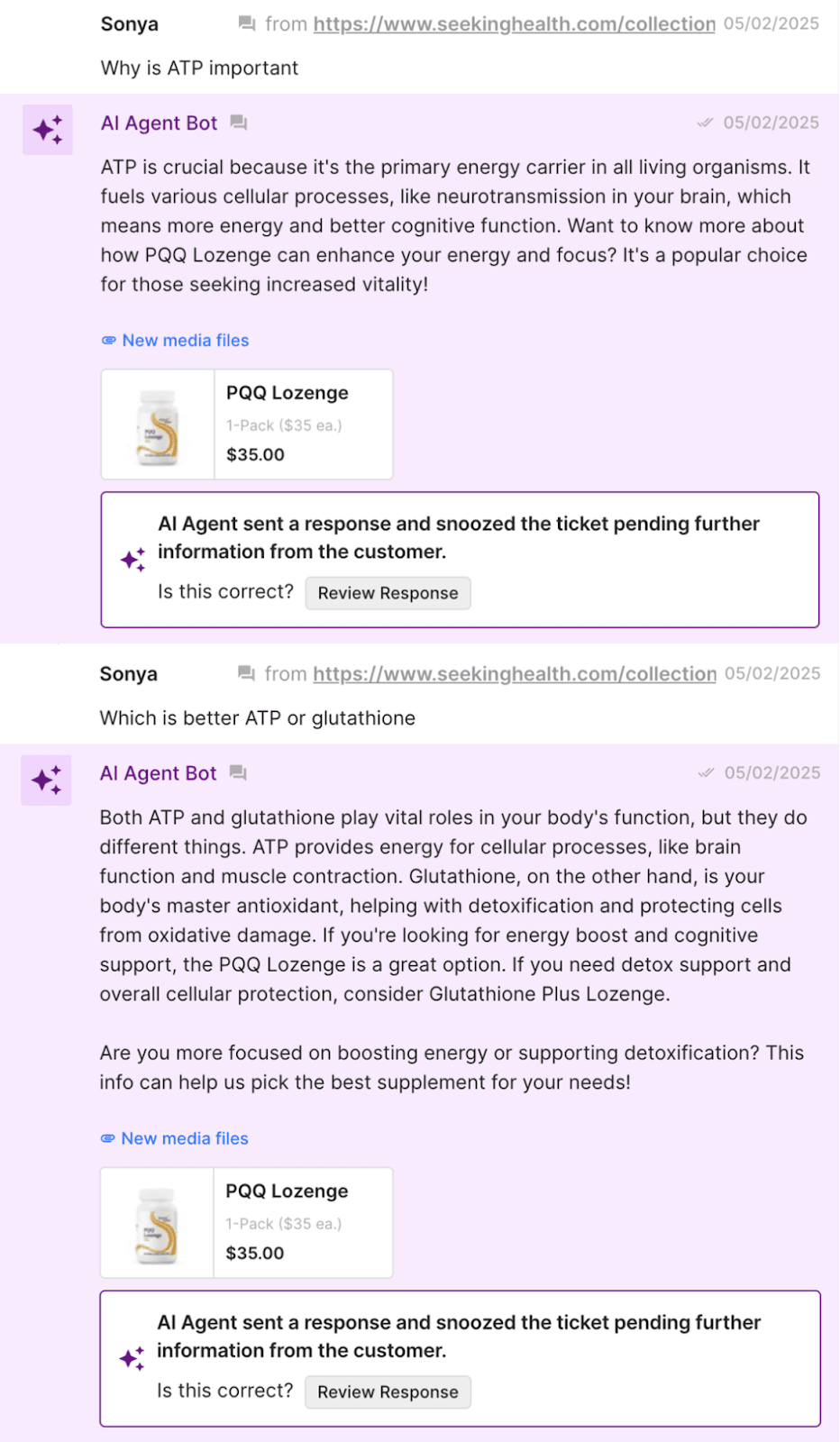 Shopping Assistant explains the importance of ATP and compares benefits of ATP vs. Glutathione in customer email thread, with product suggestions included below.