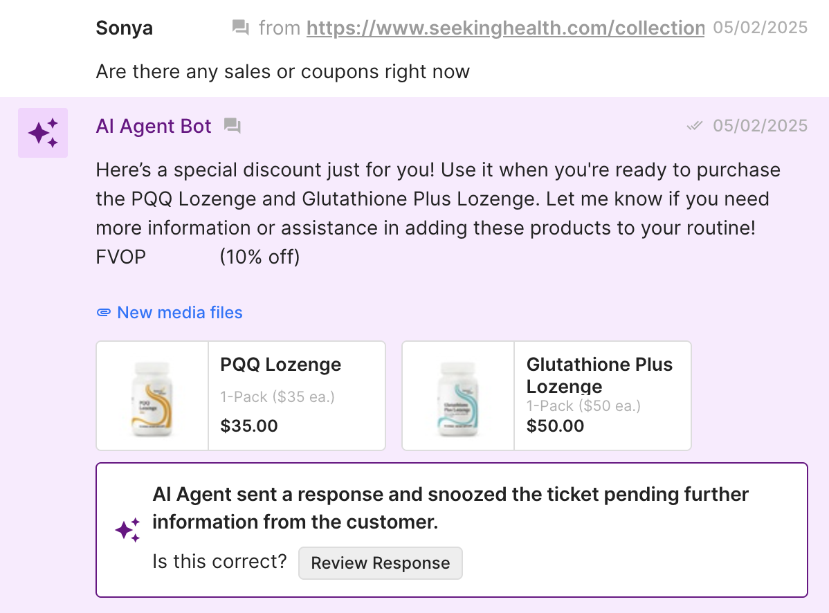 Response from Shopping Assistant offering a 10% discount on PQQ and Glutathione Lozenges with visible product cards and pricing.