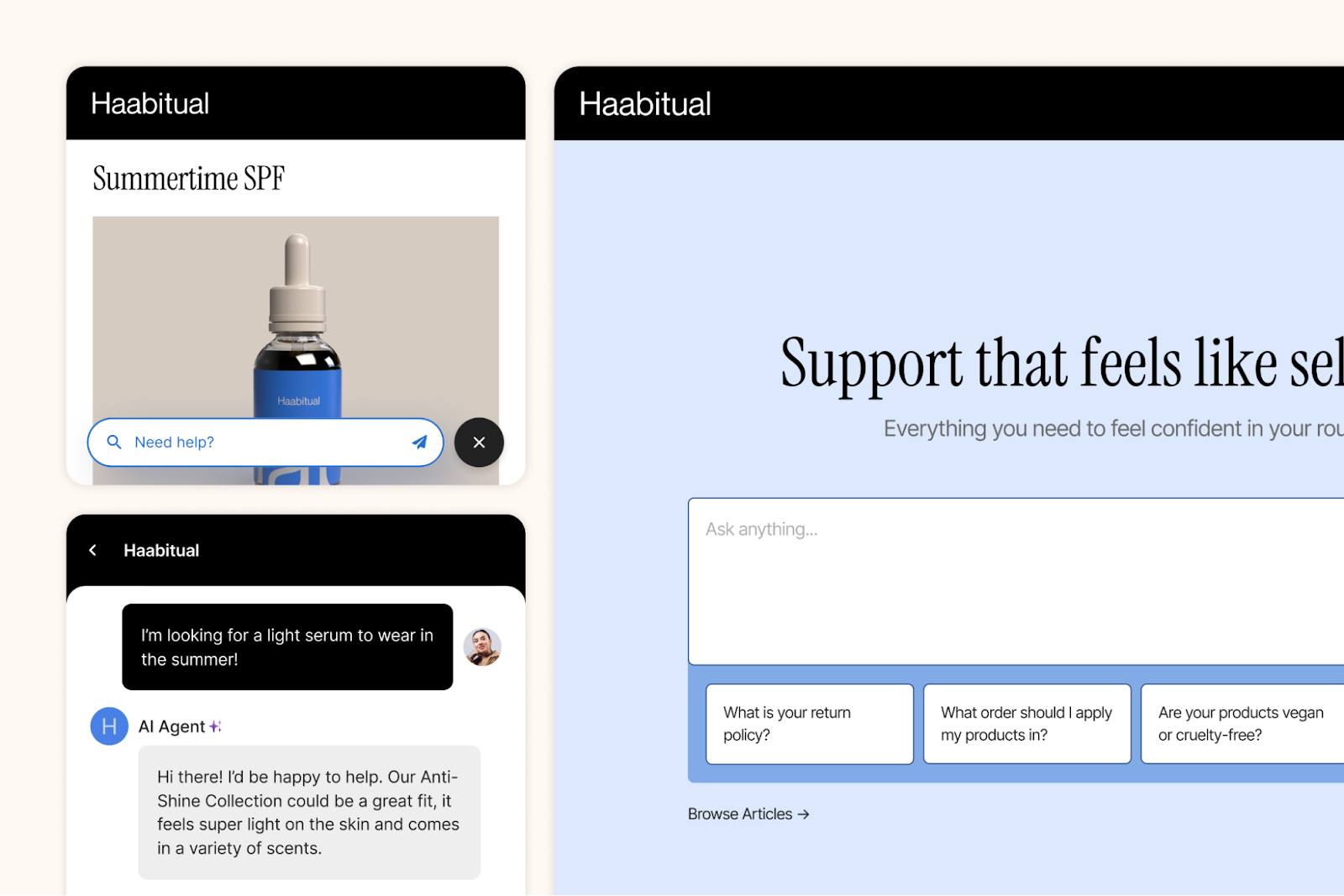 Various Shopping Assistant features including the "Ask Anything" input bar on the chat and Help Centre pages. 