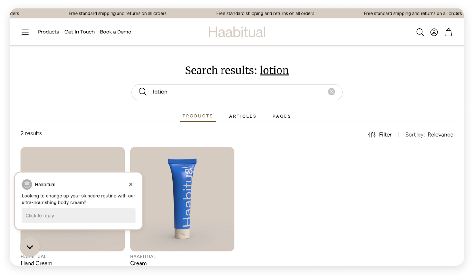Search results page on Haabitual website for 'lotion' showing two product listings and a chat pop-up from Shopping Assistant offering body cream recommendations.