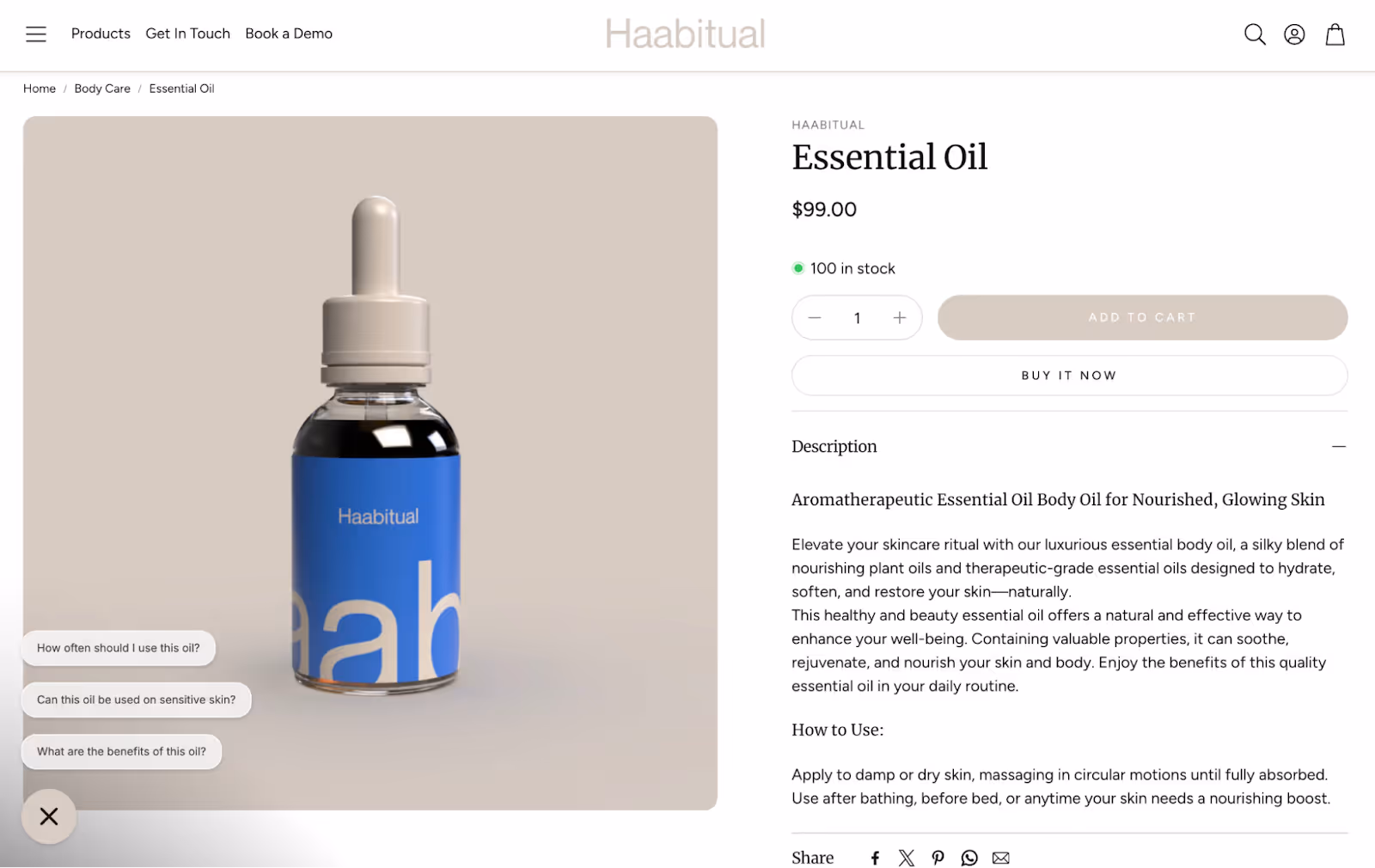 Product page for Haabitual Essential Oil showing suggested product questions about the product usage and benefits.